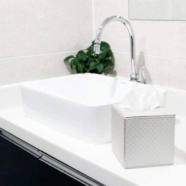 J JACKCUBE DESIGN Square Paper Facial Tissue Box Cover Holder for Bathroom Vanity Countertop, Bedroom Dressers, Napkin Holder with Velcro Strap on Bottom, Dull Silver Quilted Faux Leather - MK272c
