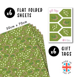 Green Wrapping Paper - 6 Sheets Birthday Wrapping Paper for Women - Pink and White Flowers - British Flower Meadows - With Stickers - Recyclable - From Central 23
