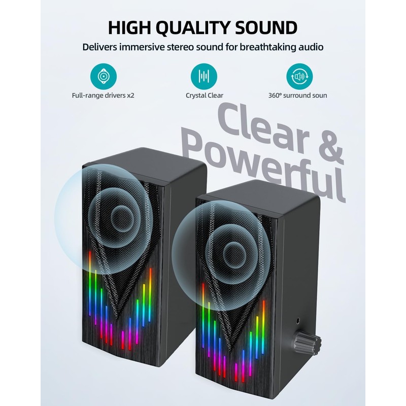 Uakinat Computer Speakers with 6 Colorful RGB Lights,USB Powered 3.5mm