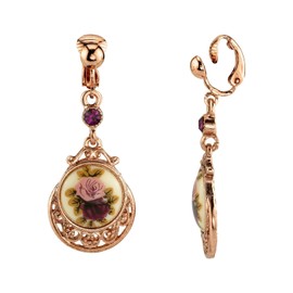 1928 Jewelry Women's Rose Gold Tone Manor House Rose Purple Crystal Flower Clip On Drop Earrings