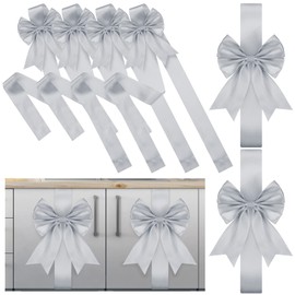 Christmas Cabinet Big Bows Door Decorative Ribbon Bow Festive Large Bow Ribbon Cabinet Ribbon Bows for Kitchen Cabinets Furniture Room Decorations (Sliver, 8 Pieces)