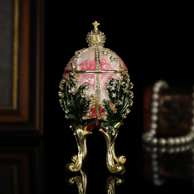 QIFU Hand Painted Pink Easter Egg Style Enamel Trinket Box,