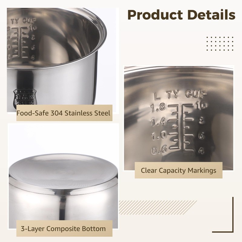 Rice Cooker Replacement Pot, 304 Stainless Steel Inner Pot for
