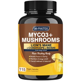 DRFOSTER Lions Mane Supplement Capsules - MYCO3+ Mushrooms with Cordyceps, Reishi & Ginkgo Biloba for Clarity & Energy - 115 Caps