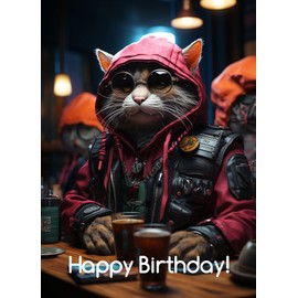PIXILUV HAPPY BIRTHDAY Greeting card ~ Intimidating Tough Biker Cat with a Leather Jacket and Pink Hoodie ~ Birthday Wishes Greetings Large Vintage Styled Card