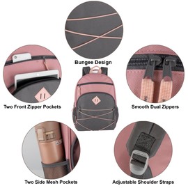 Summit Ridge Boys and Girls School Backpacks with Bungee Cord Front | 17” Multi Pocket Backpack for Kids, Teens, Adults, Travel (Pink/Grey)