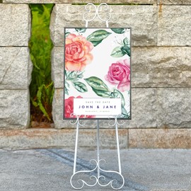 YiLifebes Metal Floor Standing Display Easel, 56" H White Decorative Scroll Easel Stand for Sign Wedding Picture Frame, with Chain Support