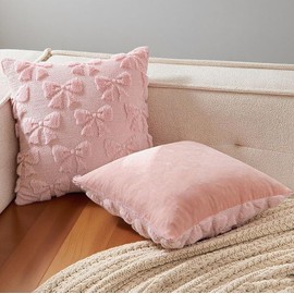 Dreamy Pink Pillow Covers - 2-Pack Bow Throw Pillows Pillowcase, Ultra-Soft Plush Decorative Cushions for Bed, Sofa, or Teen Room, 18x18 Inch - Cute & Feminin (Pink)