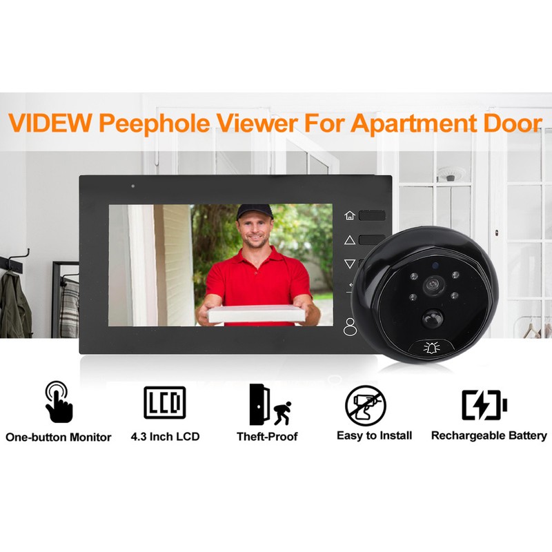 720P Peephole Viewer Door Camera 4.3 Inch Screen 145 Wide