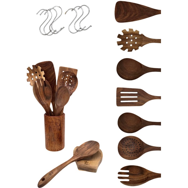 R&C 9-Piece Wooden Kitchen Utensil Set – Premium Teak Cooking