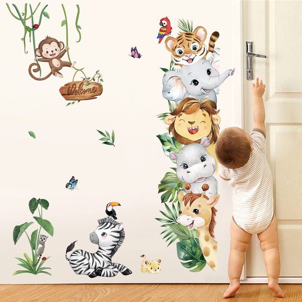 decalmile Wall Sticker Jungle Animals Elephant Lion Monkey Safari Wall Sticker Baby Room Nursery Bedroom Doors Wall Decoration
