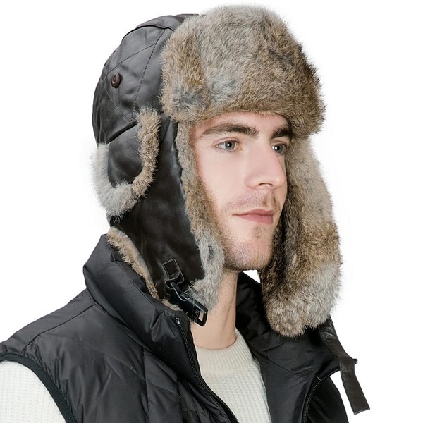 Siggi Cool Rabbit Fur Thermal Hat, Skiing, Bicycle, School, Walks, Unisex, Pilot Cap, 99094-Coffee