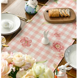 RABUSOFA Easter Table Runner 72 Inch Long,Pink Buffalo Plaid Bunny Ears Flower Kitchen Dining Runner 13x72 Inch, Decoration Spring Indoor Outdoor Home Party(18-72)
