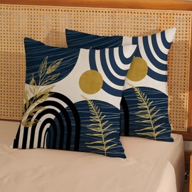 JEFERSO Boho Navy Blue Pillow Covers 18x18 Set of 2 Gold Tropical Leaf Decor Mid Century Throw Pillows Outdoor Bohemian Decorative Pillow Cases Farmhouse Abstract Modern Cushion Case for Couch Sofa