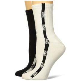 HUGO Womens 2-pack Tape Logo Design Ribbed Quarter Length Socks, Solid Black/Bright White, Bright White/Solid Black, 3-9 US