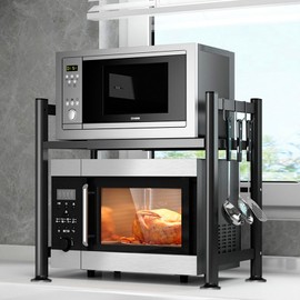 LFGKeng Microwave Oven Rack, Double Layer Carbon Steel Adjustable Microwave Shelf, Toaster Rack Heavy Duty Stand Kitchen Countertop Organizer, 55 lb Load Bearing, 2 Tier with 6 Hooks (Black)