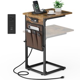 Vagusicc C Shaped End Table with Charging Station, Adjustable Height Side Table for Couch, Small Sofa Table with Storage Bag, Slide Under Sofa TV Tray Snack Arm Table for Living Room, Bedroom, Brown