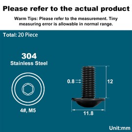 Drenky M5 Screws Stainless Steel Hexagon Socket, M5 x 12 mm Rounded Head Screw with Flange Rustproof Stainless Steel A2 V2A Flat Head Screw with Hexagon Socket Thread Screws Full Thread, Black, Pack