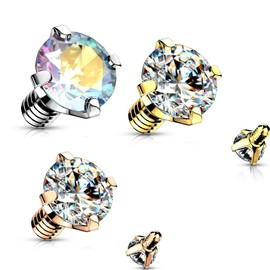 3 Pc 14G CZ Gold Yellow Gold Prong Set Dermal Anchor Tops 4 mm - 3 Colors
