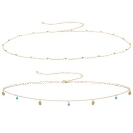 COMNICO 2Pcs Gold Belt Chain, Gold Waist Chain Layered BellyChain Adjustable Metal Link BodyChain Belt Waterproof BeadsChain CoinChain Jewelry Gifts for Women (Round turquoise)