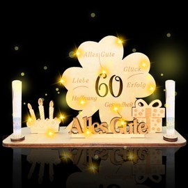 Yootiko 60th Birthday Gift for Men & Women - Wooden Guest Book with LED Clover - Money Gift with Engraving & Light (60 Years)