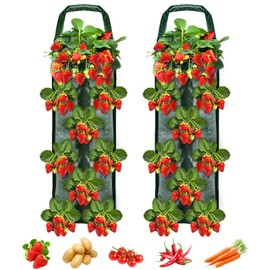 Muyohix Pflanzsack Hängend, 2 Stück Erdbeer Pflanzsack Hängend mit 8 Löchern, Pflanzbeutel Hängend, Atmungsaktive, Pflanztaschen Hängend mit Griffe, für Erdbeer Tomaten Kräuter Gemüse (Grün)