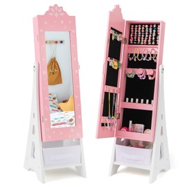 HONEY JOY Kids Jewelry Armoire Cabinet, 43.5" Standing Wooden Standing Jewelry Organizer with Full-length Mirror and Storage Drawers, Children Dress Up Vanity Jewelry Cabinet for Little Girls (Pink)