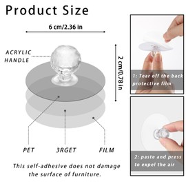 Ptwola 4 Pcs Self Adhesive Cabinet Drawer Pull Knobs No Drill Clear Acrylic Crystal Diamond Shaped Pulls Handles Hooks Window Opener for Wardrobe Kitchen Cupboard Bookcase Dresser Furniture Door