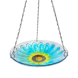 NASSNAT Hanging Bird Baths Outdoor Glass Birdbaths Garden Bird Feeder for Yard Lawn Decor Blue Flower