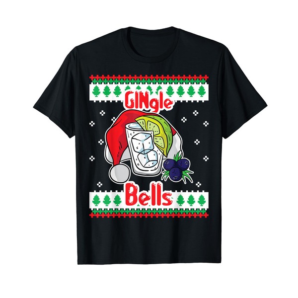 GINgle Bells Gin Tonic Glass Santa Ugly Sweater Christmas T-Shirt, Black