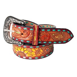 American Darling Beautifully Hand Tooled Tan Genuine American Leather Belt Men and Women Western Belt with Removable Buckle