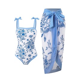 SHENHE Girl's Floral One Piece Swimsuit with Cover Up Sarong Wrap Tie Bow Cute Bathing Suits Blue and White 12Y