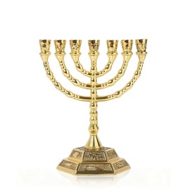 7 Branch Hanukkah Menorah Candle Holder Gold Candelabra with 12 Tribes of Israel Design, 5 Inch Jewish Candle Holder for Hanukkah Holiday Party Table Centerpiece Home Decoration