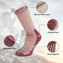 2 Pack Merino Wool Socks Mens Size 10-13 Hiking Socks, Red 1/4 Crew Thick hiking socks for Men Winter,Liner Thermal Wool Sock