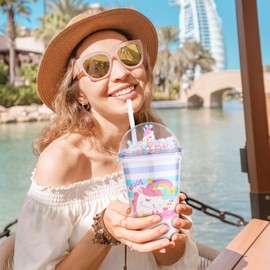 FORYNXHWIN 350 ml Drinking Cup with Lid and Straw, Double-Walled Plastic Cup, Unicorn Drinking Bottle, BPA-Free, Reusable, for Drinks, Juices, Milk Tea, Water (Rainbow)