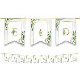 Happy Eid Mubarak Bunting Party Flags - Eid Decorations - Decor Banner Partyware - (Green Gold) Forest Leaves Letter