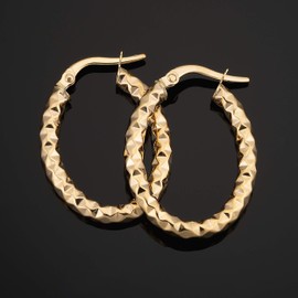10k Yellow Gold Diamond-Cut Oval Hoop Earrings