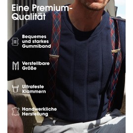 Pierrot Braces for Men Wide Made in Germany / France - Ultra Strong Elastic Band & 4 Extra Strong X-Clips - Adjustable Length up to 130 cm - Lifetime Guarantee, Bordeaux blue jacquard