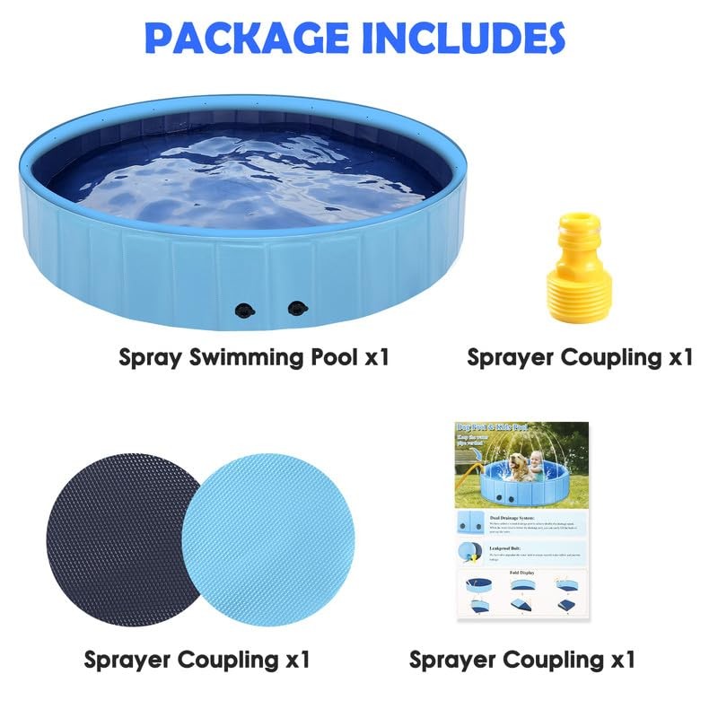 63" Large Dog Pool with Sprinkler, 2-in-1 Foldable Swimming Pool