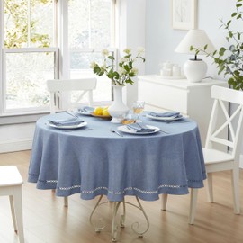 Newbridge Fabric Round Tablecloth, 70 Inch, Easter Provence Lattice Cutwork Solid Color Textured, Water and Stain Resistant Easy Care Fabric Table Cloth for Spring Parties, Wedgewood Blue
