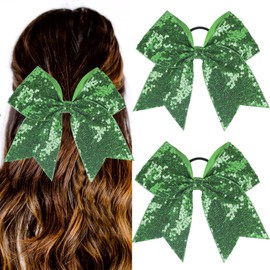 2 PCS 7" Large Glitter Cheer Bows Sequin Cheer Hair Bow Ties with Elastic St. Patrick's Day Hair Bows Ponytail Holder for Cheerleader Girls Softball Sports Hair Accessories for Teens Kids(Green)