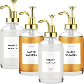 Spaceneat Coffee Syrup Dispenser with Pump - Includes 24 Flavor Labels - Glass Syrup Dispenser for Coffee Bar - Elevate your Beverage Station with 16.9 fl oz Flavoring Container Bottles, 4pcs, Gold