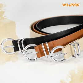 WHIPPY 3 Pack Women's Leather Belts for Jeans Dresses Ladies Waist Belt with Fashion Gold Buckle, Black+Brown+Beige/Silver Buckle, M