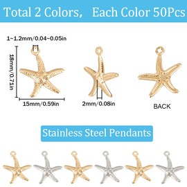 SUNNYCLUE 1 Box 100Pcs Starfish Charms Ocean Charm Bulk Stainless Steel Starfish Silver Real 24K Gold Plated Starfish Charms for Jewelry Making Charms Supplies DIY Crafting Necklace Bracelet Earring