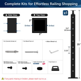 Gyykzz 36" Cable Railing Post, Adjustable Top Level Drilled Railing Line Handrail Post, Matte Black Stainless Steel T304 Wire Deck Post for Cable Railing System Kit Indoor Outdoor