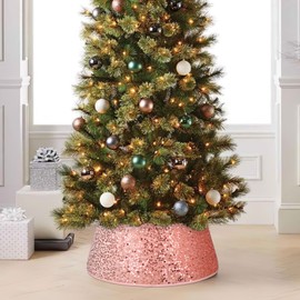 Christmas Tree Collar Burgundy Round Tree Skirt Tree Ring Sparkle Sequin for Christmas Holiday Thanksgiving Home Decor Red Gold