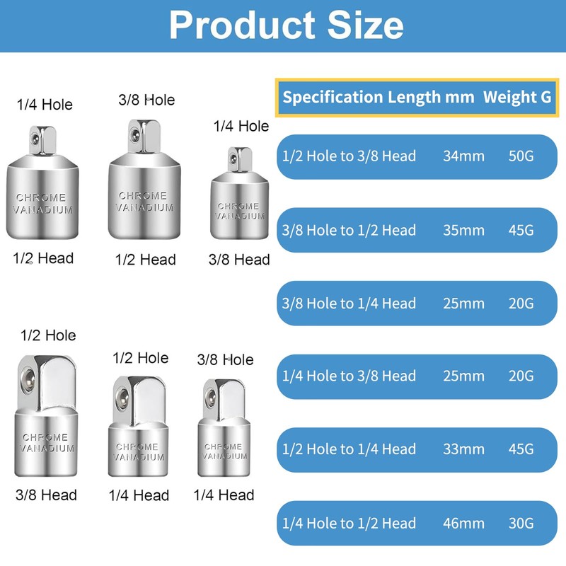 6 Piece Adapter Set, Socket Adapter, Ratchet 3/8 to 1/2,