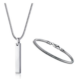 YADOCA Men's Bar Pendant Necklace Stainless Steel Necklace and Bracelets for Men Women 3mm Snake Chain Necklace and Snake Chain Bracelet Set Length 55cm Silver/Black