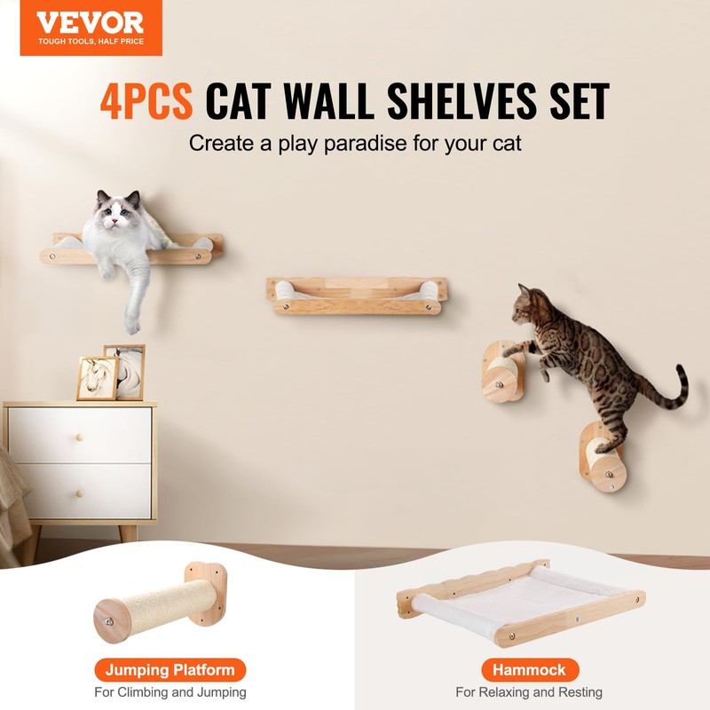 VEVOR Wall Mounted Cat Shelves, Perches with Jumping Posts &
