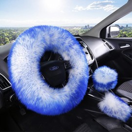 15inches Universal Leather Car Steering Wheel Cover Car Accessories Colorful Fuzzy Steering Wheel Cover Gear Shift Cover Handbrake Cover (Blue)
